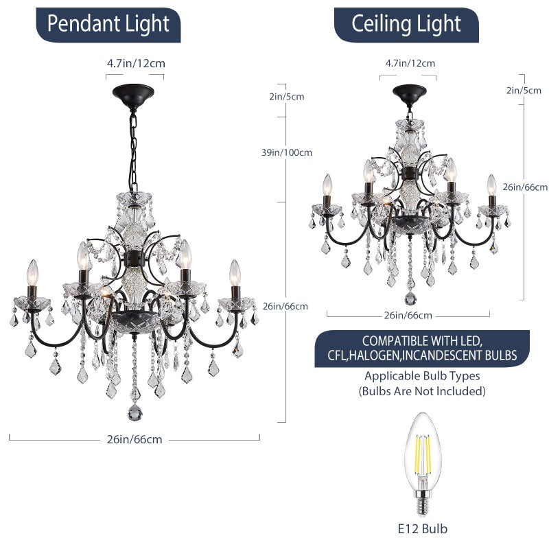 Bestier Black Finish Elegent Crystal Candle Candelabra Chandelier 6 Light Lighting Fixture LED Pendant Ceiling Light Dia 26 in x H 26 in - Image 3